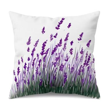 Imagem de HYJ Capas de almofada roxa lavanda 45,7 x 45,7 cm, capa de almofada floral aquarela primavera verão estampa dupla face de linho branco casa de fazenda para sofá decoração ao ar livre