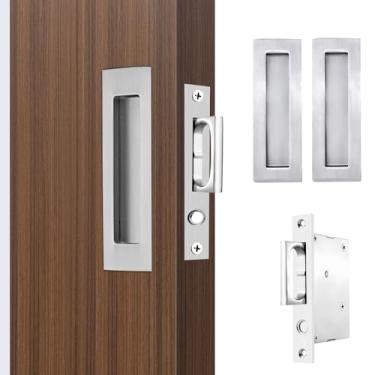 Imagem de Dontay Puxadores de porta de bolso deslizantes, ferragens de aço inoxidável 304 sem trava, puxadores de dedo embutidos, puxador de borda resistente com puxador de anel (níquel acetinado (1 conjunto