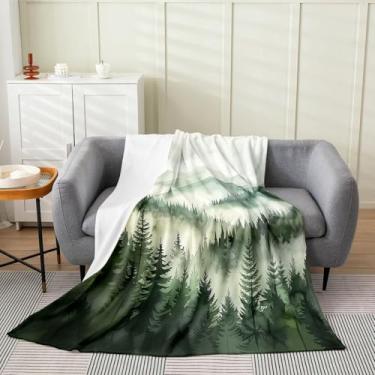 Imagem de jejeloiu Cobertor de lã de montanha, cobertor de flanela nebuloso, verde, branco, para cama, sofá, cadeira, sala de estar, árvore, solteiro, 152 x 203 cm, decoração de quarto