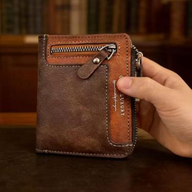 Imagem de Carteira masculina curta com zíper, carteira compacta de couro marrom escuro feita à mão com vários compartimentos para cartões e bolso para moedas, carteira dupla fina, presente para pai, namorado