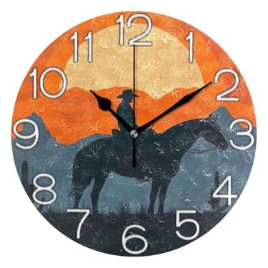 Imagem de GAIGEO Relógio de parede analógico decorativo operado por bateria relógio de cozinha rústico, sala de estar, decoração de parede moderna, arte de caubói ocidental, pôr do sol, 25 cm, ponteiros pretos