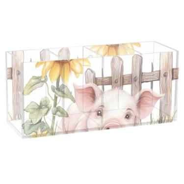 Imagem de TSENQUE Porta-canetas de mesa fofo para decoração de casa, porco fofo, girassol, escritório, suporte de acrílico para papelaria, copos de lápis, 20 cm x 6,3 cm x 9 cm