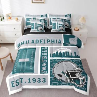 Imagem de Erosebridal Conjunto de edredom esportivo com lençóis, conjunto de cama solteiro com patchwork, futebol americano, 7 peças, cor do time da cidade (Filadélfia)