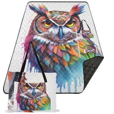 Imagem de TSENQUE Cobertor de piquenique fofo de coruja arco-íris aquarela dobrável à prova de areia à prova d'água tapete de brincar ao ar livre para grama 203 x 152 cm