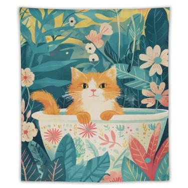 Imagem de Tapeçaria de parede de selva de gatinho branco laranja na banheira floral decoração de gato fofo arte boho para banheiro quarto brincalhão pendurado acento encantador natureza cenas 50 x 60 tapeçaria
