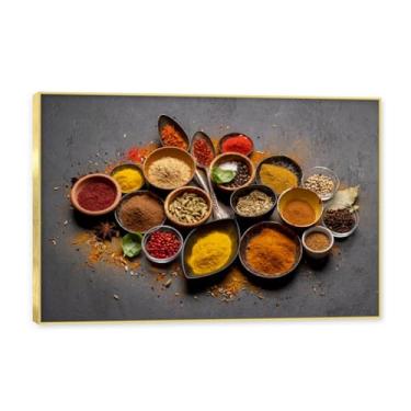 Imagem de NHLDZYH Moldura dourada. Arte de parede em tela de especiarias coloridas e colher de tempero | Decoração de cozinha vintage | Arte moderna para casa e sala de jantar. C40. 60 x 90 cm - 23,7 x 35,5 pol