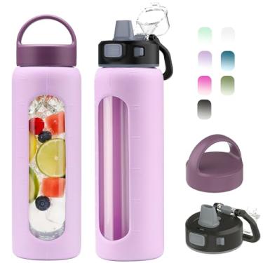 Imagem de Kodrine Garrafa de água de vidro de 680 g com canudo - 2 tampas - Garrafa de vidro de ingestão diária reutilizável de água com medidas, manga de silicone, marcador de tempo, compatível com porta-copos