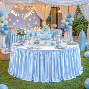 Imagem de Saia de mesa de cetim azul bebê de 4,5 m com elastano brilhante para mesas retangulares/redondas, saia de mesa plissada com babados, toalha de mesa sem rugas para cozinha doméstica, mesa de dormitório