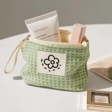 Imagem de Bolsa organizadora portátil pequena com textura de waffle minimalista verde, carteira multifuncional/bolsa de cosméticos/estojo de batom com alça de pulso
