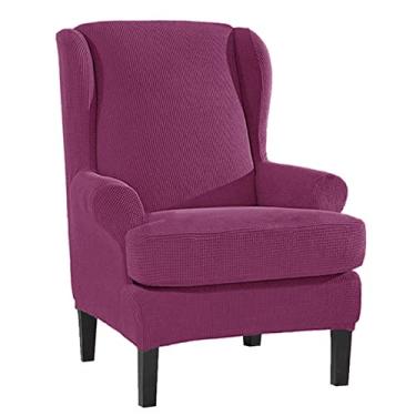 Imagem de BAGASI Capa de cadeira elástica com asa de jacquard, 2 peças, capa antiderrapante para móveis, capa de poltrona lavável para sala de estar com fundo elástico, roxa