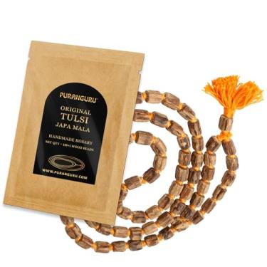 Imagem de PuranGuru Contas grandes naturais Tulsi Mala | 108+1 madeira bruta cortada à mão | Manjericão sagrado feito à mão Japa Mala com borla | Terço de meditação de oração budista tibetano | Corda de