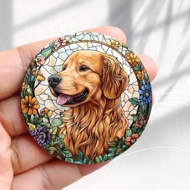 Imagem de Ímã de geladeira vintage Golden Retriever Design floral de vitral - Adesivo redondo de acrílico para geladeira de 5,8 cm, presente de decoração retrô, tamanho perfeito para geladeira, armário ou