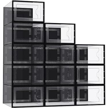 Imagem de Pacote com 12 recipientes de plástico transparentes empilháveis para sapatos rack organizador guarda-roupa -Livre Organizado Ventilado Seco Econômico
