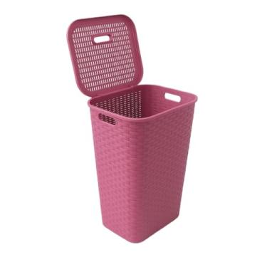 Imagem de Cesto Para Roupa Suja brinquedo Rattan 72 Litros Retangular Com Tampa Resistente Lavanderia Quarto(ROSÈ)