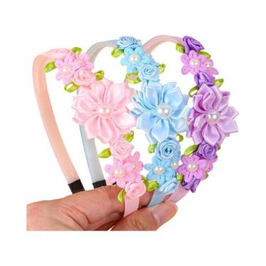 Imagem de Faixa De Cabelo Infantil Com Pérolas E Flores, 3 Peças, Acessórios De 