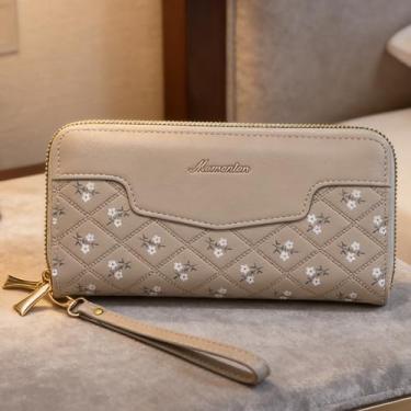 Imagem de Carteira feminina, elegante bolsa de couro com zíper duplo, organizador minimalista de grande capacidade com bloqueio RFID para uso diário (cinza)