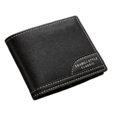 Imagem de Carteira masculina dobrável de couro curta, carteira de bolso essencial (preto)