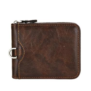 Imagem de Carteira masculina moderna, marrom escuro, vários compartimentos, estampa xadrez de couro liso, design de zíper com vários compartimentos, estampa xadrez