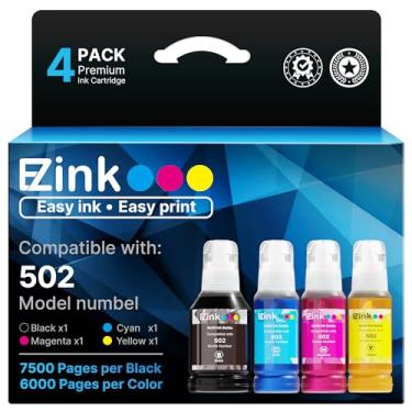 Imagem de Impressora E-Z Ink (TM) compatível com garrafa de tinta de substituição para Epson 502 T502 de alto rendimento para uso com ET-15000, ET-2760,ET-3710,ET-2750,ET-3700,ET-4760,ET-3750,ET-3760 (preta, ciano, magenta, amarelo, pacote com 4)