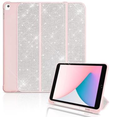 Imagem de Leuhiove Capa brilhante de 10,2 polegadas para iPad 9ª geração 2021, iPad 8ª geração 2020, iPad 7ª geração 2019, capa com suporte de strass brilhante, despertar/hibernar automaticamente (rosa com