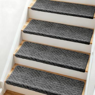 Imagem de Tapete de escada Bullnose, 76 cm x 24 cm x 4,3 cm, pacote com 14, tapete de escada antiderrapante com proteção de borda, degraus reutilizáveis para degraus de madeira internos (cinza, padrão de sarja)
