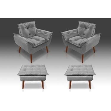 Imagem de Kit 02 Poltrona Opala + 02 Puf Opala Suede Cinza Claro - CASA DA POLTR