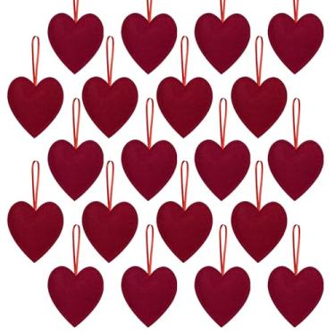 Imagem de 20 peças de enfeites de feltro de coração para pendurar enfeites em forma de coração para casamentos, aniversários, festas de Natal (vermelho escuro)