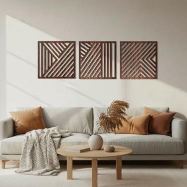 Imagem de Yerliker Esculturas de parede de madeira boho 40,6 x 40,6 cm, geométrico, abstrato, madeira, decoração de parede, conjunto de 3 desenhos de ripas de madeira para sala de estar, quarto, escritório