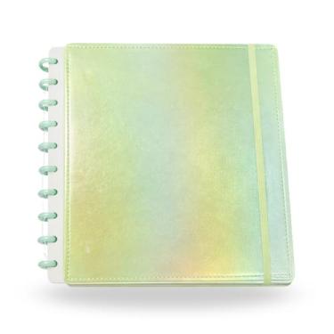 Imagem de Caderno Inteligente Universitário A4, Capa Dura Holográfica, 80 Folhas Pautadas, Discos Coloridos, Personalizável, Soft Touch Metalizado (Verde)