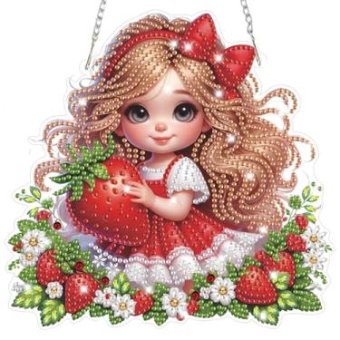 Imagem de Bowetile Kits de pendurar arte de diamante para adultos, arte de diamante, linda garota de morango, pintura de diamante 5D em formato especial, pingente de enfeite de janela, presentes para casa