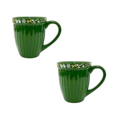 Imagem de Kit de 2 Canecas de Cerâmica 390ml 2ª Linha - Tema Natal Feliz, Ideal para Presente e Uso Doméstico (Verde e Dourada)