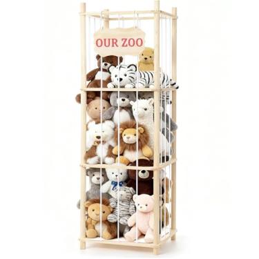 Imagem de Organizador de animais de pelúcia de madeira com cordões elásticos, gaiola de pelúcia de grande capacidade para economizar espaço, para berçário, sala de jogos, quarto, 133 cm