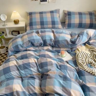 Imagem de LifeTB Capa de edredom xadrez de algodão lavado, King, azul, cinza, xadrez, 3 peças, capa de edredom com 3 peças, moderno, xadrez, guingão, conjunto de cama respirável