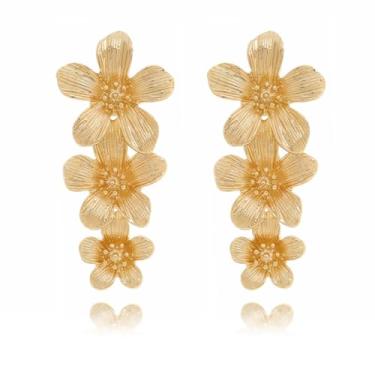 Imagem de Wantjewlee Brincos de ouro para mulheres, na moda, hipoalergênicos, volumosos, folha de flor, brincos pendentes de gota de ouro para festas, casamentos, presentes de aniversário, Metal, Sem pedra