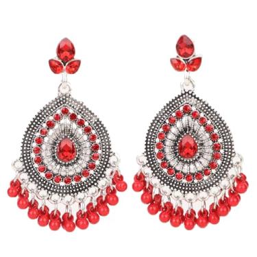 Imagem de fxmimior Brincos de pingente boho indiano Jhumki com pingente de lágrima, folha de cristal boêmio, jhumka, cigano, declaração étnica, sino, miçanga, borla, brincos para mulheres, festas, festivais