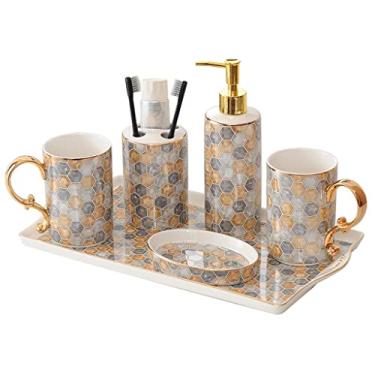 Imagem de Dispensador de sabão líquido para cozinha cerâmica escova de dentes suporte de escova de dentes saboneteira dispensador de sabão casa de banho conjunto de seis peças dispensador de sabão de banheiro