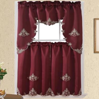 Imagem de 3 cortinas de cozinha bordadas multicoloridas para janelas com cortes, conjunto de sanefas e camadas, conjunto de cortinas multicoloridas para café de cozinha (vinho)