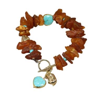 Imagem de Pulseira amuleto com contas douradas de coração azul áspero âmbar 20 cm para mulheres, joia simples presente DWBPGVUN