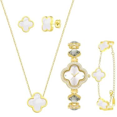 Imagem de SUBANG Conjunto de joias com 5 peças de trevo da sorte para mulheres, conjunto de joias de ouro banhado a ouro 18 K, design de flor, colar de quatro folhas, pulseira e brincos de relógio para mulheres