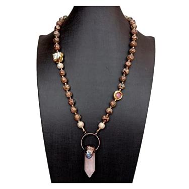 Imagem de Colar redondo Dzi com pérola branca cultivada com olho de gato, pingente de ponta de quartzo rosa, 58,4 cm