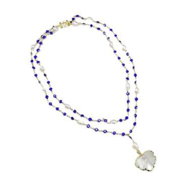 Imagem de 2 fileiras cultivadas de arroz branco pérola azul cristal rosário colar banhado a ouro pingente de folha de quartzo para mulheres DWBPGVUN