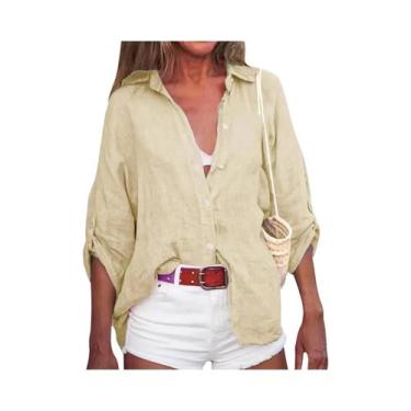 Imagem de Camisa Casual Solta De Verão Em Algodão E Linho Com Decote Em V E Mang