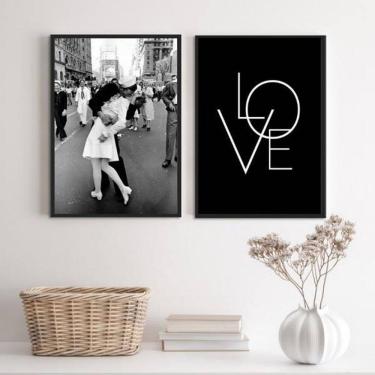 Imagem de Kit 2 Quadros Love Beijo Segunda Guerra 45X34 C/Vidro Preta
