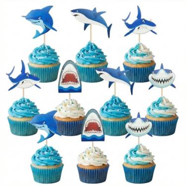 Imagem de Kit de 30 peças de topos de cupcake de tubarão, enfeites de bolo com tema de oceano faça você mesmo, decorações de festa, palitos de sobremesa de animais marinhos de desenhos animados para suprimentos