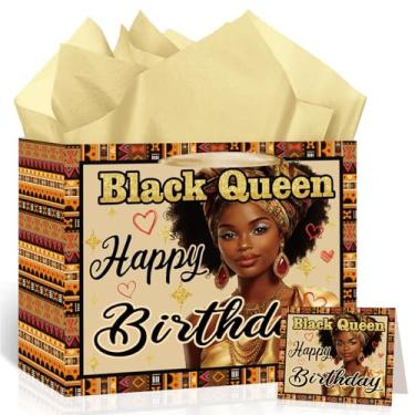 Imagem de Woosytoo Bolsa de presente de aniversário Black Queen com papel de seda e cartão, bolsa de embrulho feminina afro-americana - Artigos de festa com tema real mágico de menina afro-americana dourada