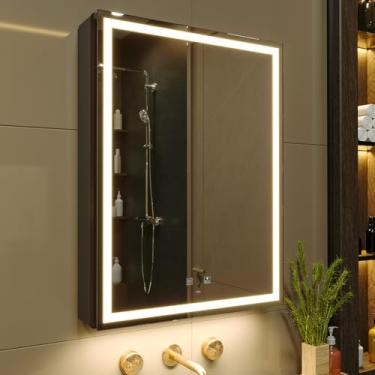 Imagem de KWW Armário de remédios para banheiro iluminado por LED com soquetes e USBs, desembaçador, regulável, espelho de maquiagem com luz de 3 cores, fácil de instalar, armário montado na parede (dobradiça