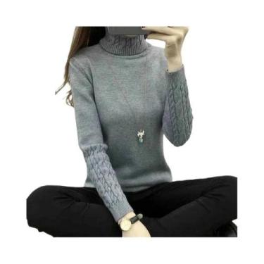 Imagem de Suéter Feminino De Tricô Gola Alta Manga Longa Para Inverno - Blusa Pu