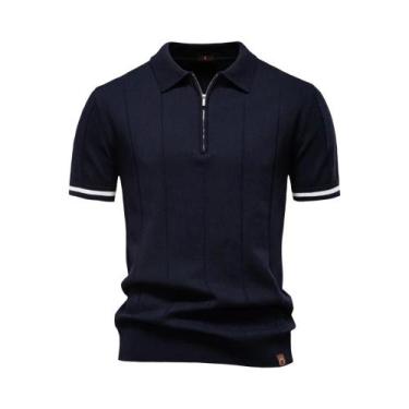 Imagem de Camisa Polo Masculina Slim Fit De Cor Sólida Com Zíper AIOPESON Para A