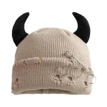 Imagem de Gorro De Inverno Unissex Com Chifres De Diabo Em Tricô, Touca Quente D