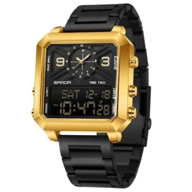 Imagem de Relógio Quartzo Masculino Aço Inoxidável à Prova D água Led Digital Sanda Amarelo